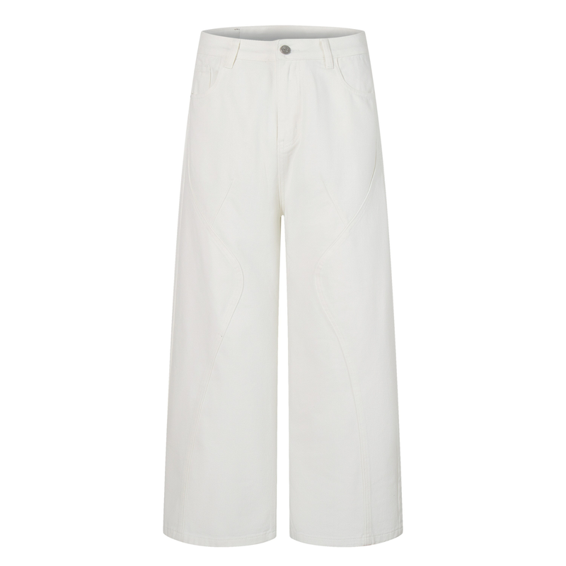Front view of white wide-leg jeans with curved seam panels and a button waist