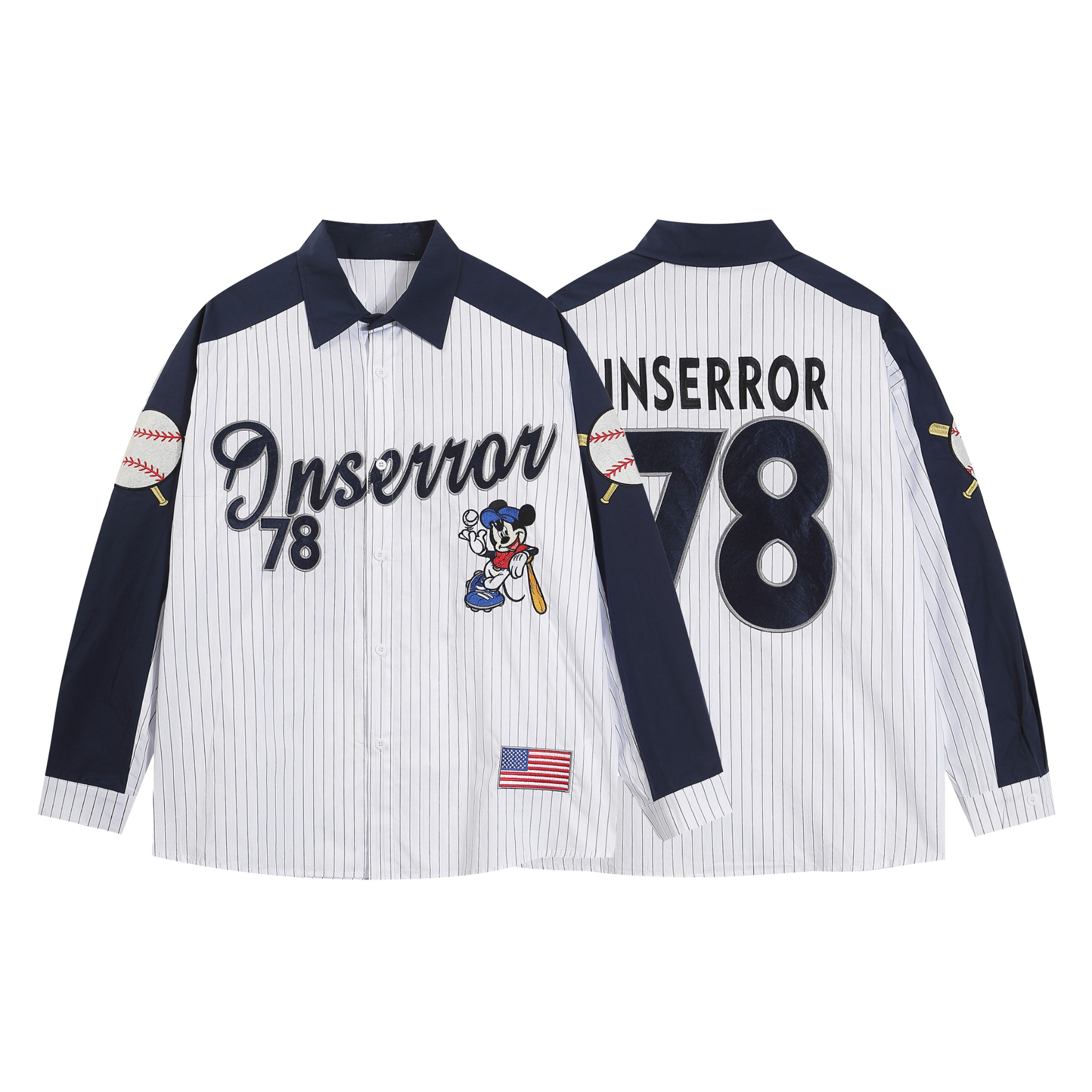Front and back view of a white navy pinstripe baseball shirt with varsity lettering, Mickey Mouse patch, and number 78 graphi
