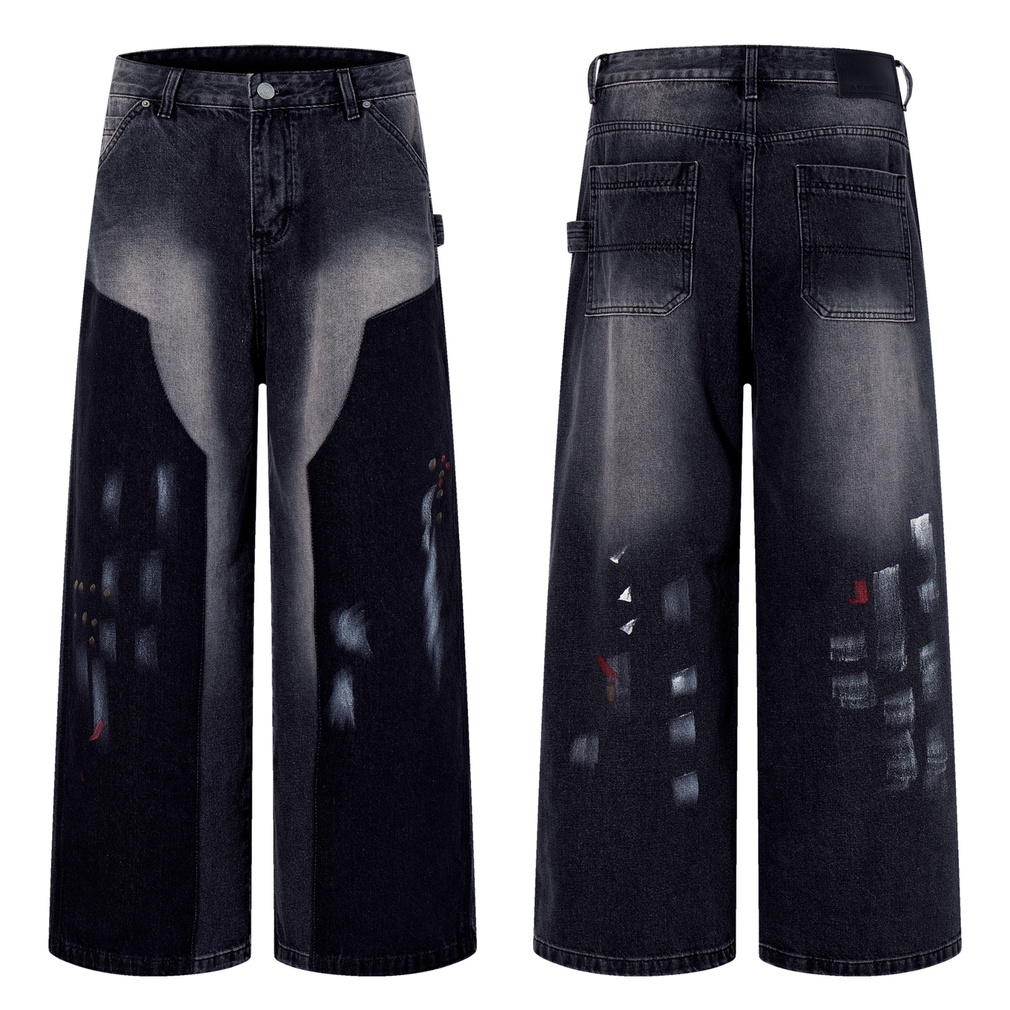 Front and back view of dark wash wide-leg jeans with brushstroke paint accents and gradient fade panels
