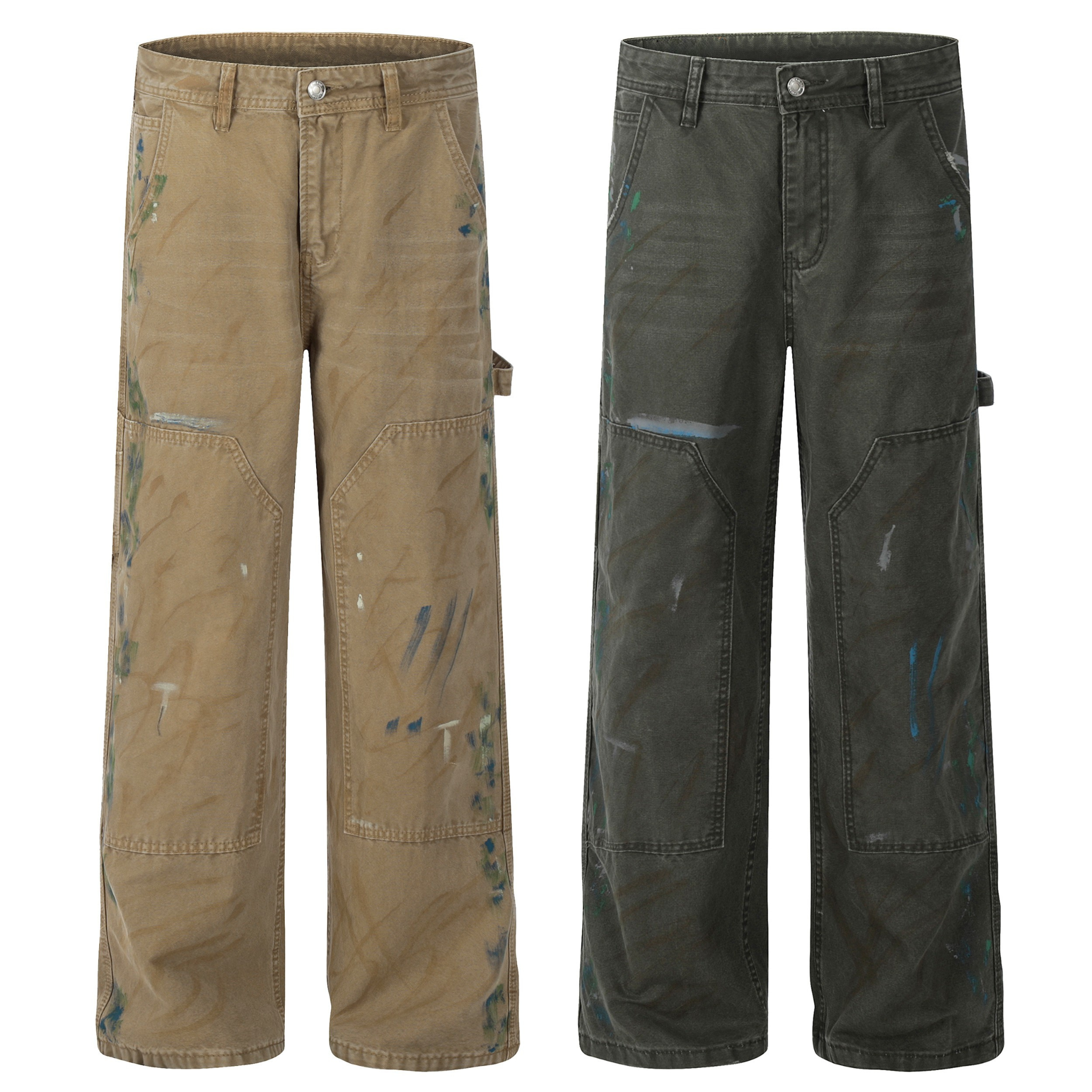 Khaki and dark grey wide-leg carpenter pants with hand-painted stroke effects and oversized knee panels