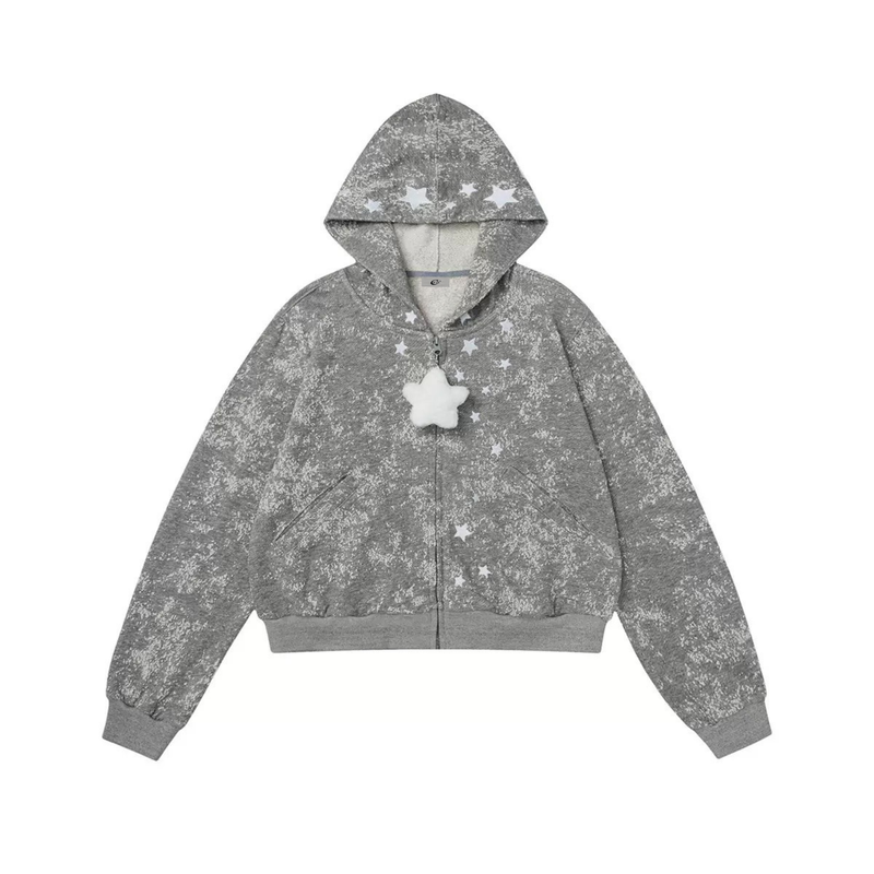 Gray starburst zip hoodie with hood up, fleece lining, and plush star charm on the front