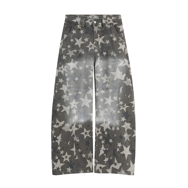 Front view of gray washed wide-leg denim pants with all-over star print