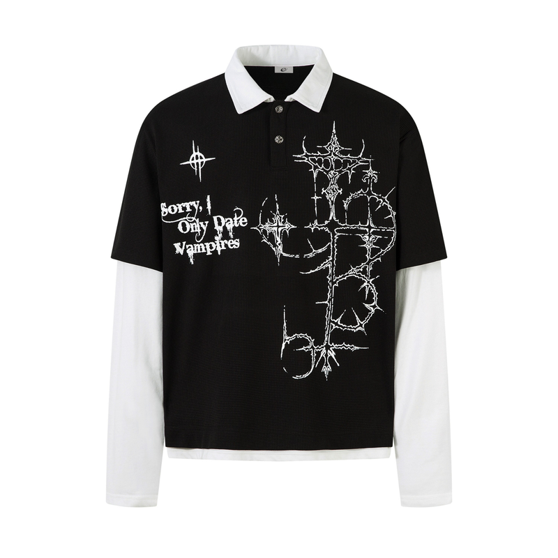 Black layered polo shirt with white collar and sleeves, front view with gothic vampire graphics