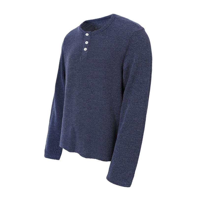 Navy ribbed henley tee angled front view with long sleeves