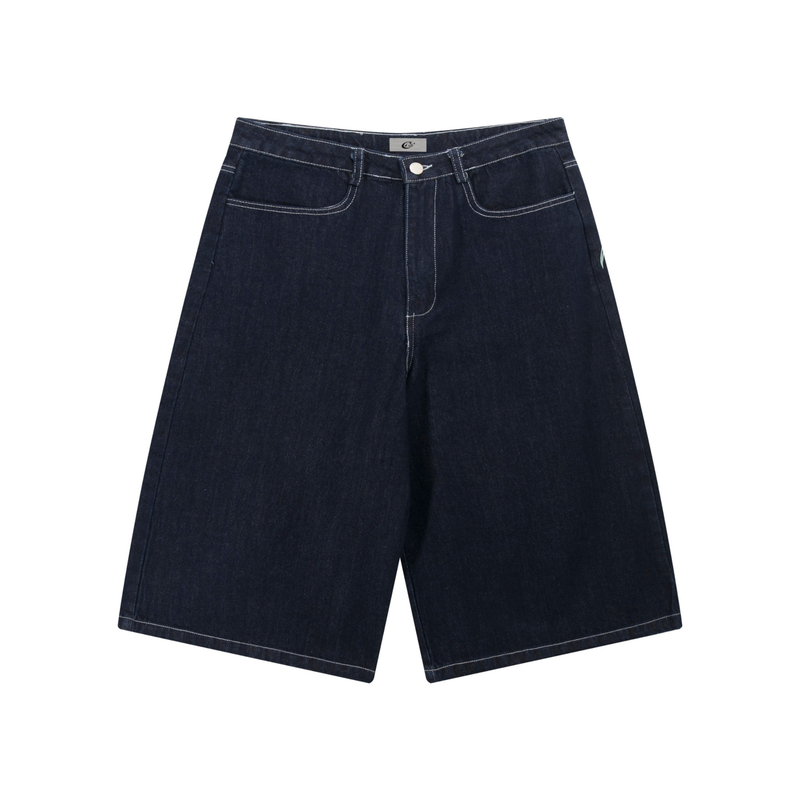 Dark wash wide-leg denim shorts with white contrast stitching and front waistband detail