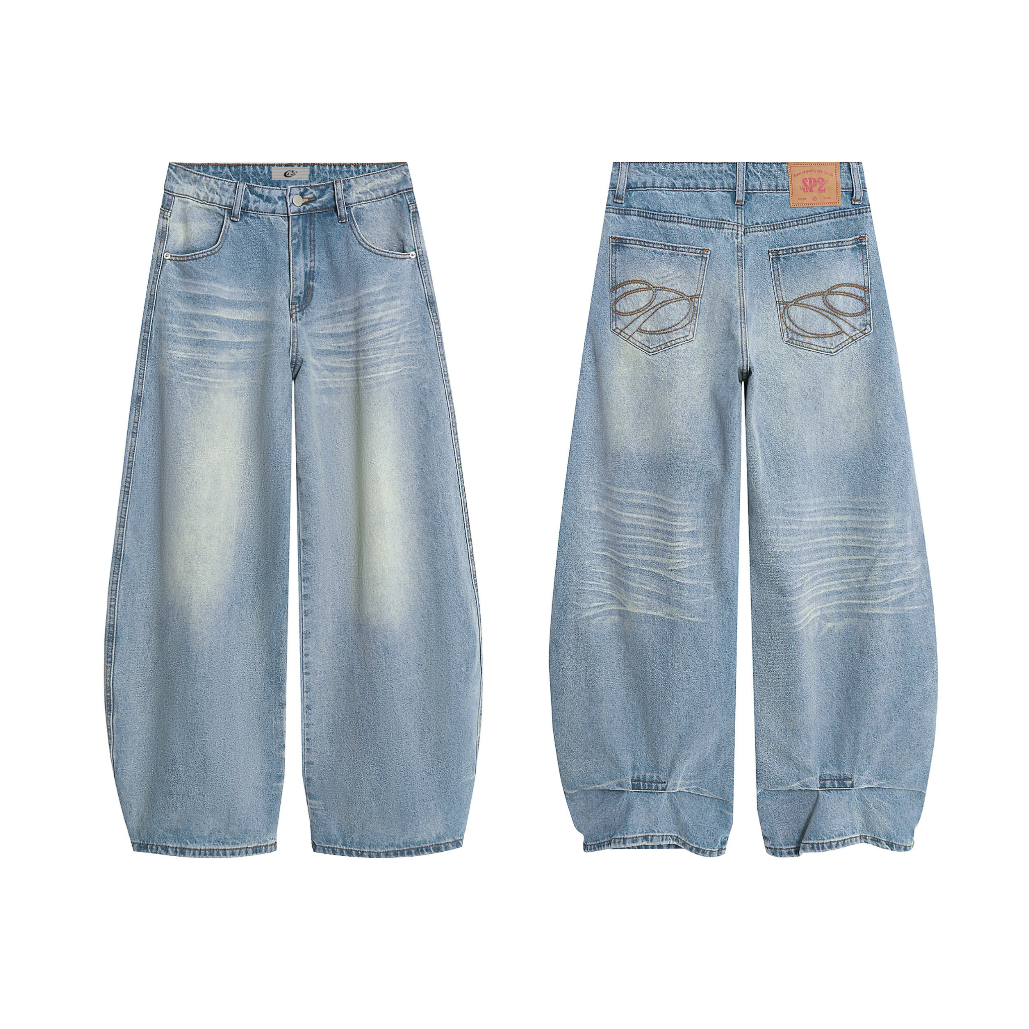 Front and back view of Omirad SP2 light blue retro faded balloon jeans with wide leg silhouette and embroidered back pockets