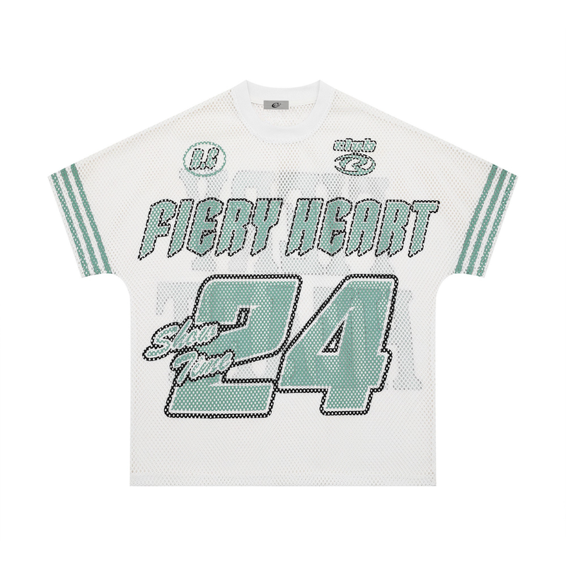 White mesh jersey tee with teal varsity-style Fiery Heart 24 graphic and striped sleeve accents
