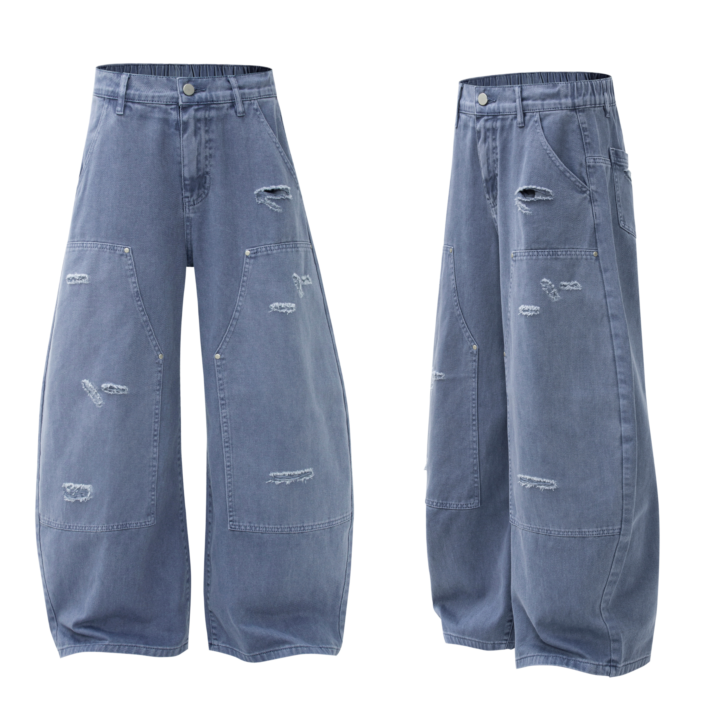 Front and side view of blue distressed wide leg utility jeans with oversized panels and rivets on white background