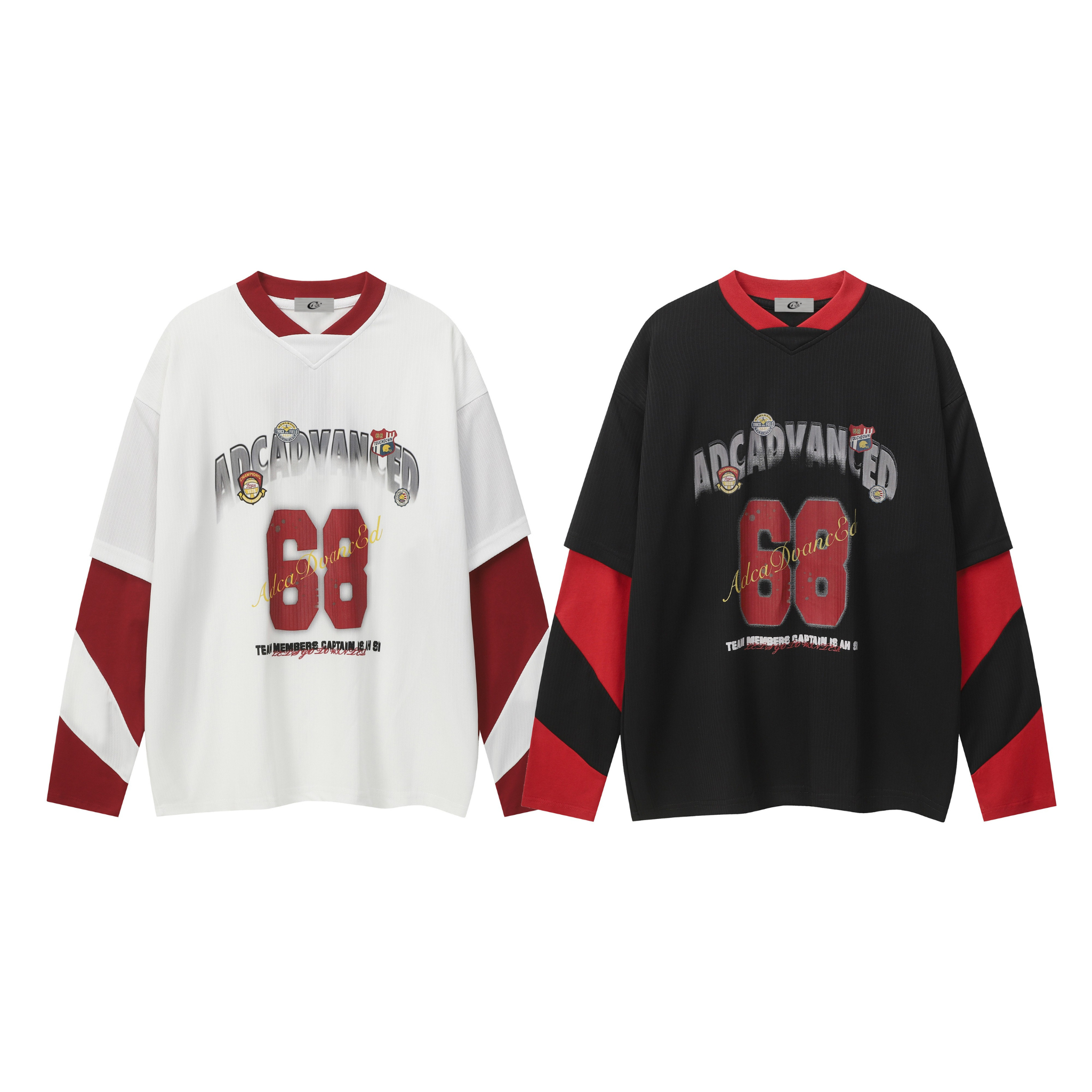 Omirad 68 oversized mesh hockey jersey in white and black with red contrast diagonal sleeve panels and distressed chest graph