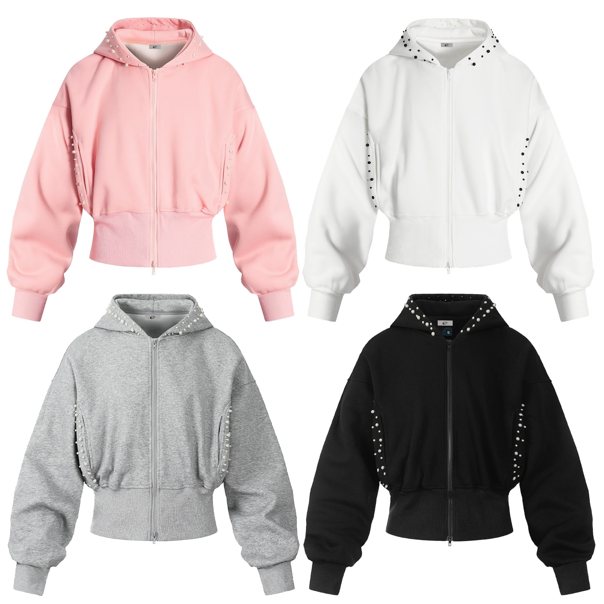 Black cropped zip-up hoodie with pearl embellishments on hood and side seams, relaxed drop-shoulder fit