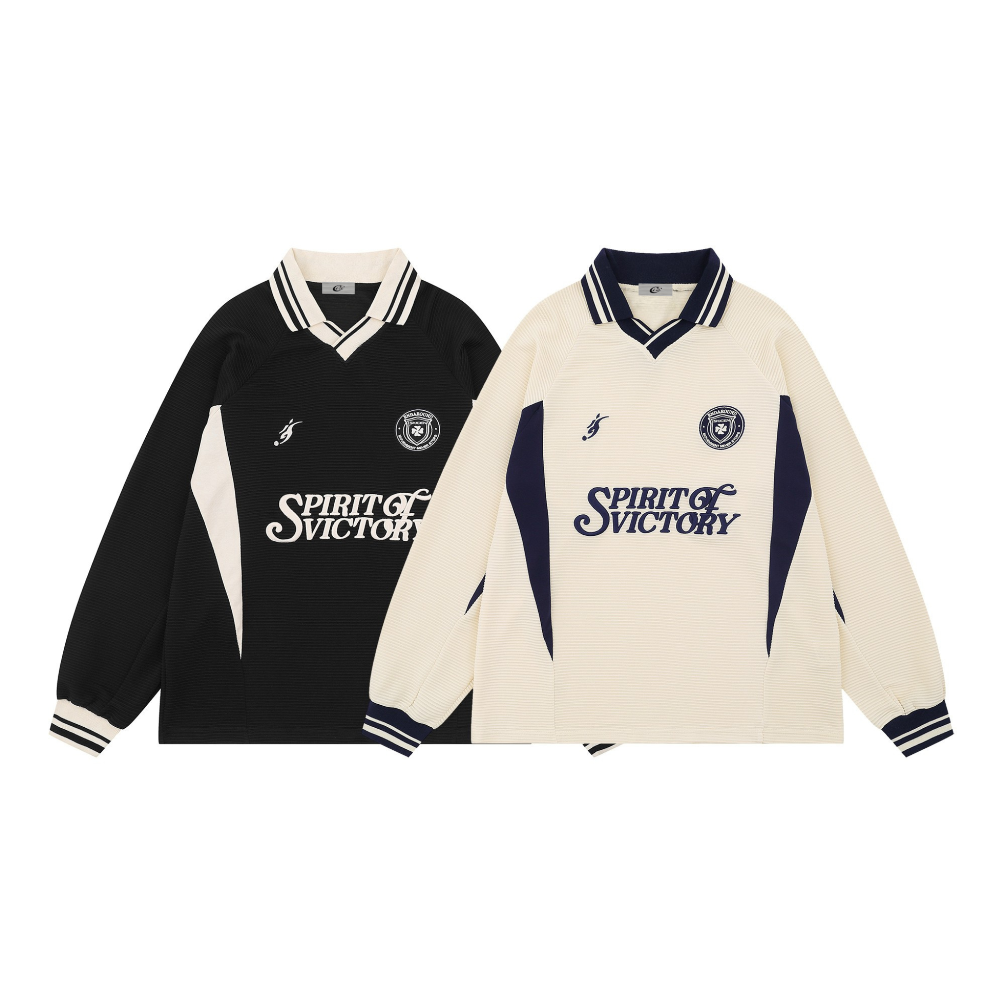 Black and cream retro long sleeve soccer jerseys with Spirit of Victory chest graphic and striped collar and cuffs