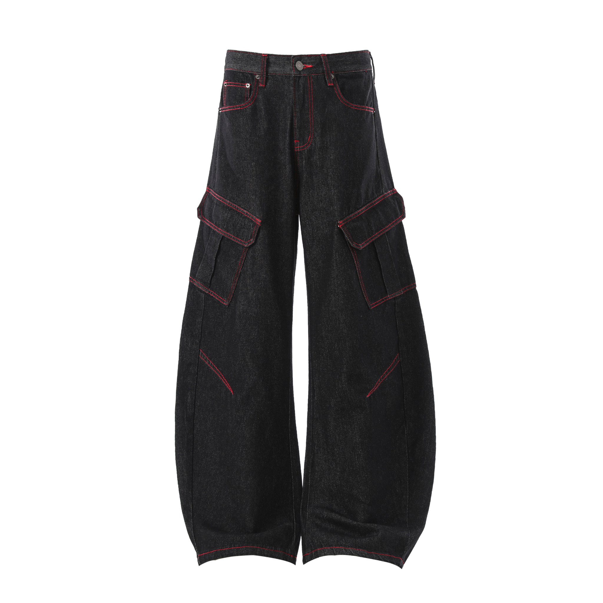 Omirad Red-Stitch Curved Cargo Denim Pants | Wide Leg