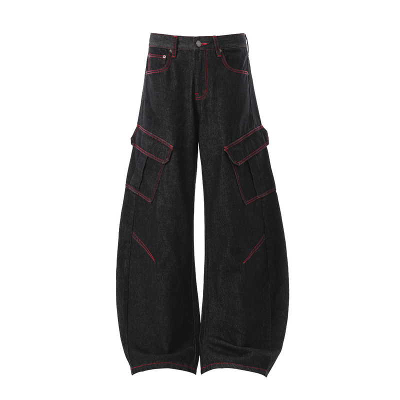 Black wide-leg denim cargo pants with red stitching, front view
