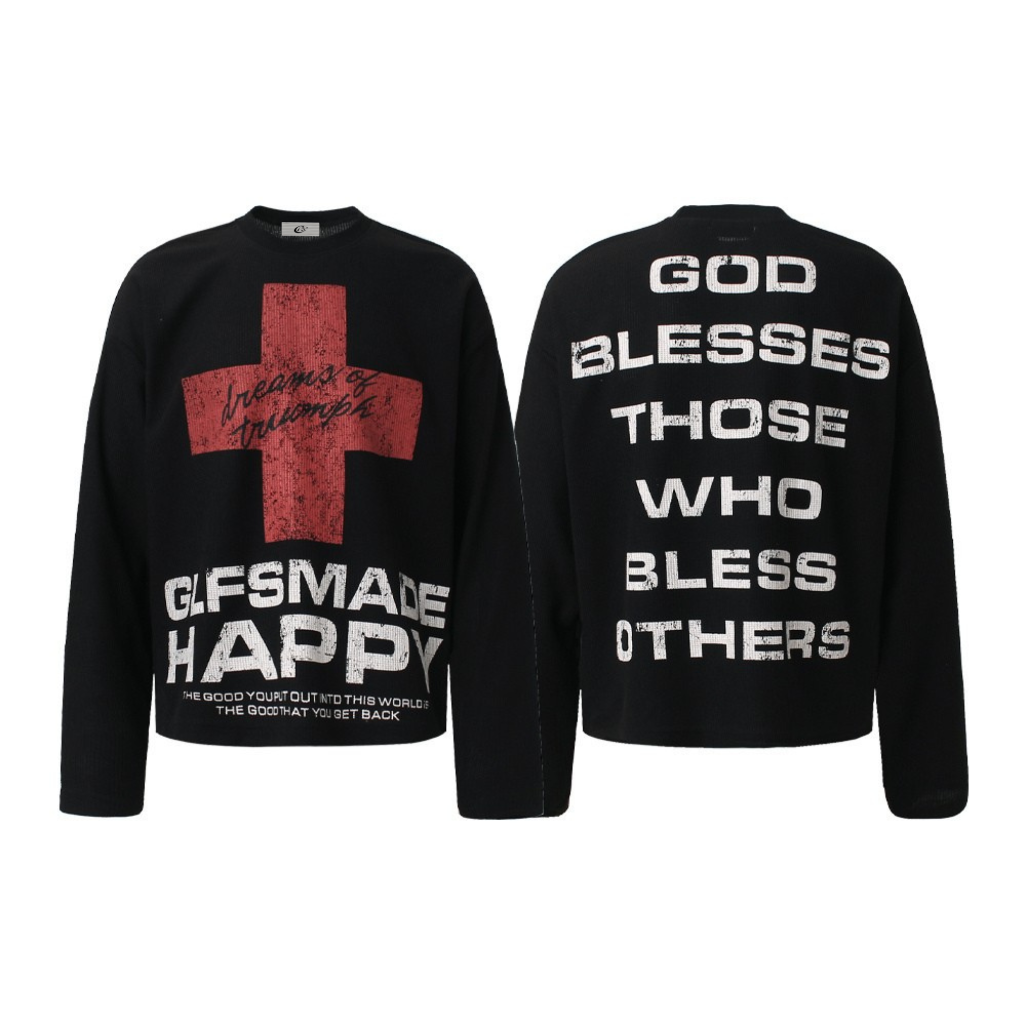 Black waffle knit long sleeve sweatshirt with distressed red cross graphic and bold white lettering on front