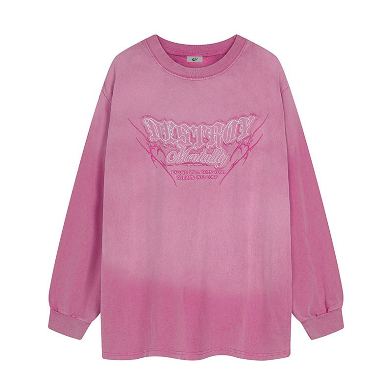 Pink gradient washed long sleeve tee with Destroy Mentality graphic on the front