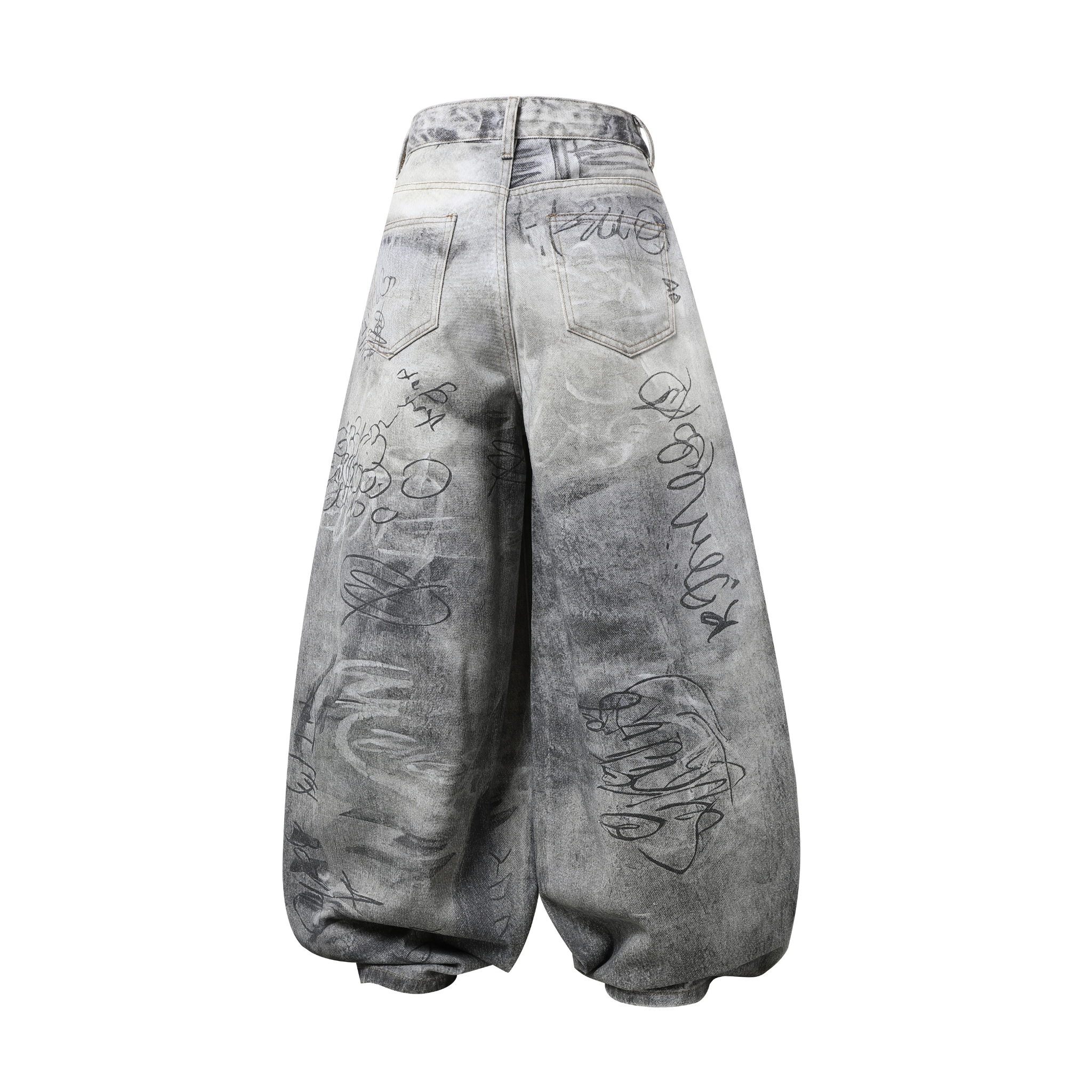 Graffiti Washed Curved Wide-Leg Denim Pants | Oversized Fit