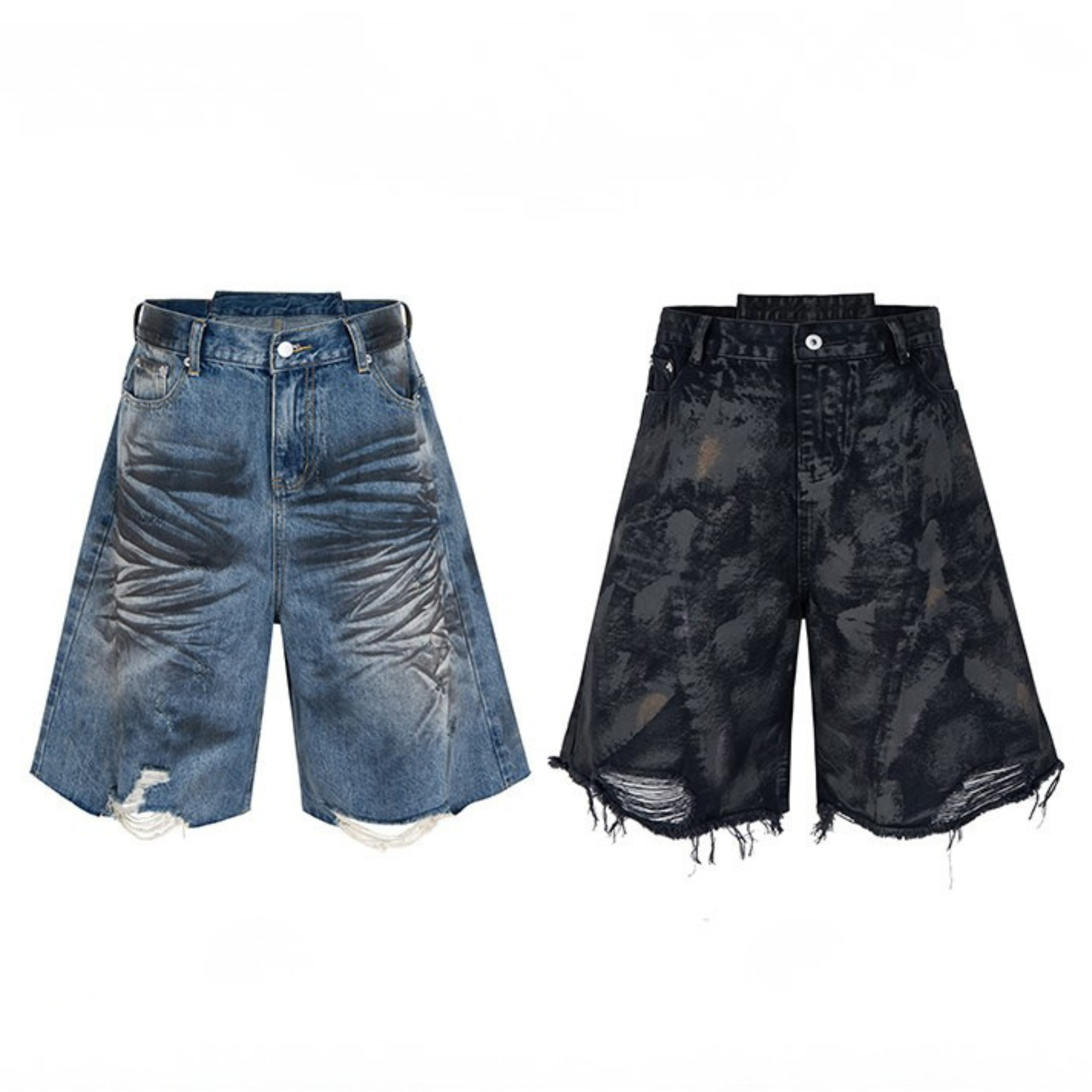 Omirad wide-leg denim shorts in heavy fade blue with whisker crease detailing and raw frayed hem, front view