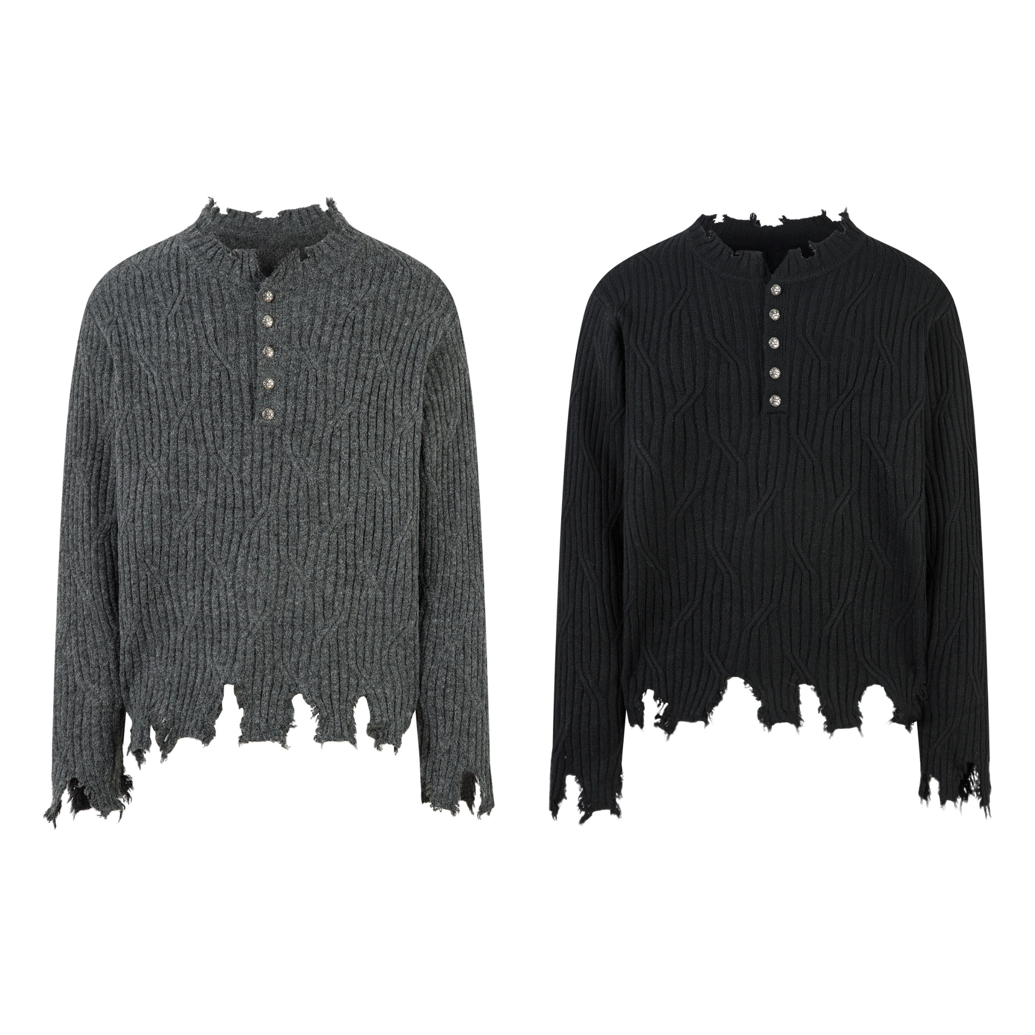 Charcoal grey distressed ribbed Henley knit sweater with frayed hem, neckline, and silver button placket on white background
