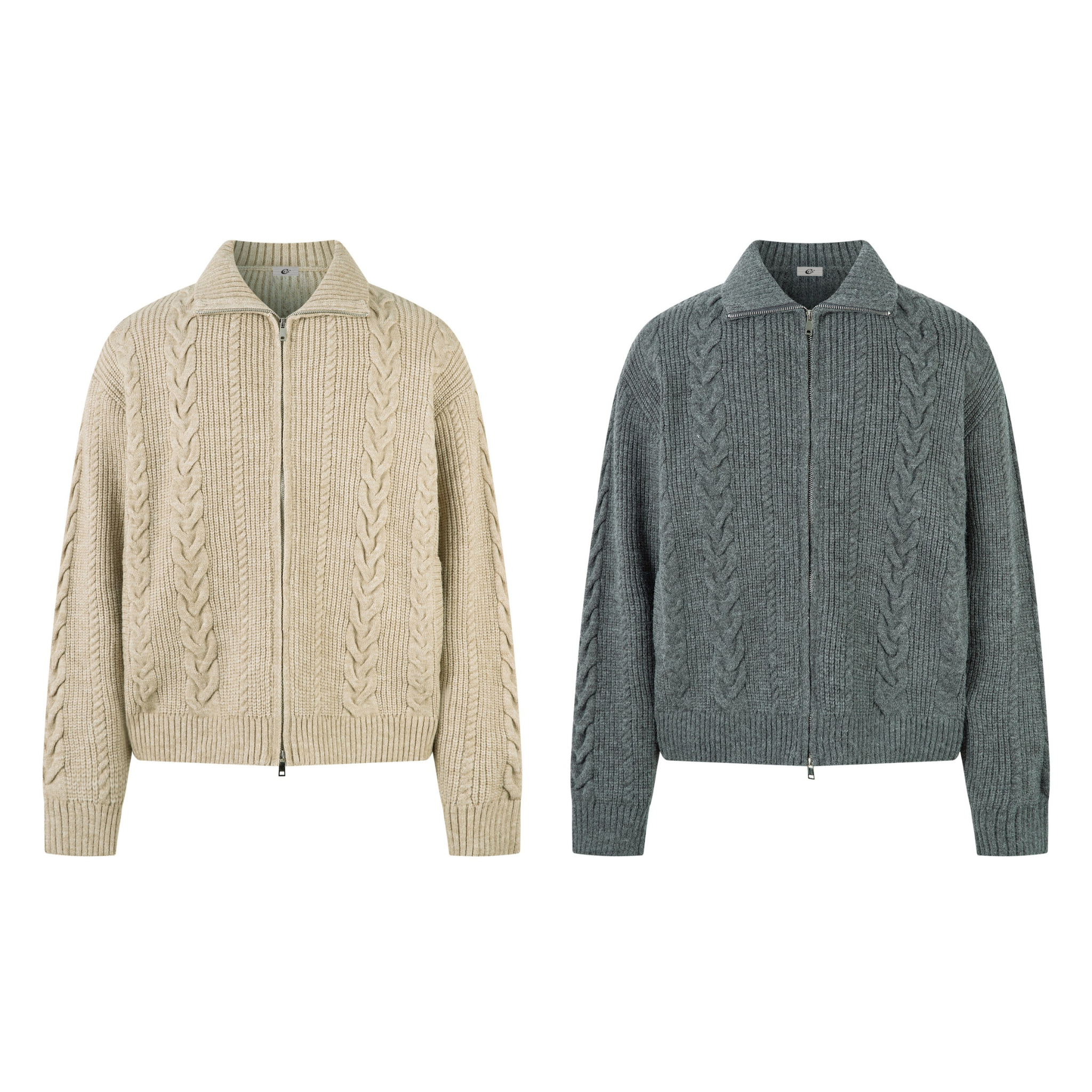 Omirad cable knit zip-up sweater jacket in oatmeal beige with braided texture, raised collar, and full zip closure