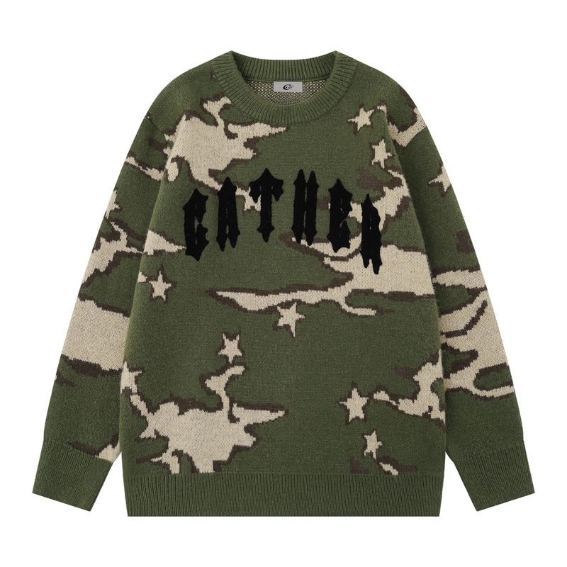Green camouflage knit sweater with black gothic logo across the chest, front view