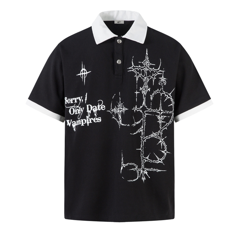 Black polo shirt with white collar and thorny gothic cross graphic, featuring bold vampire-inspired streetwear lettering