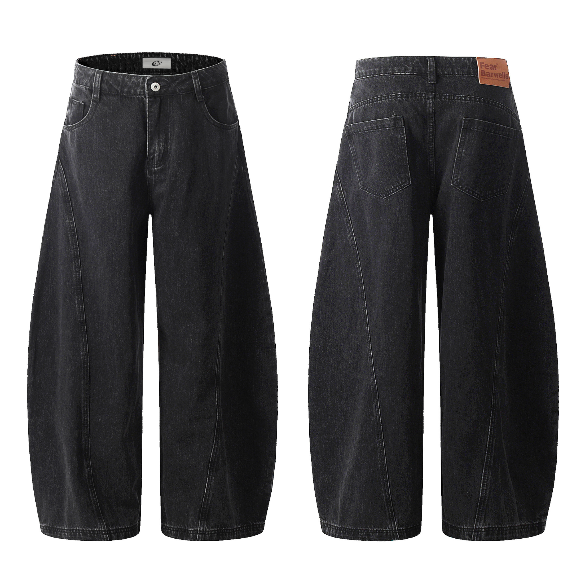 Front and back view of washed black wide-leg balloon denim pants with curved panel stitching and 5-pocket layout