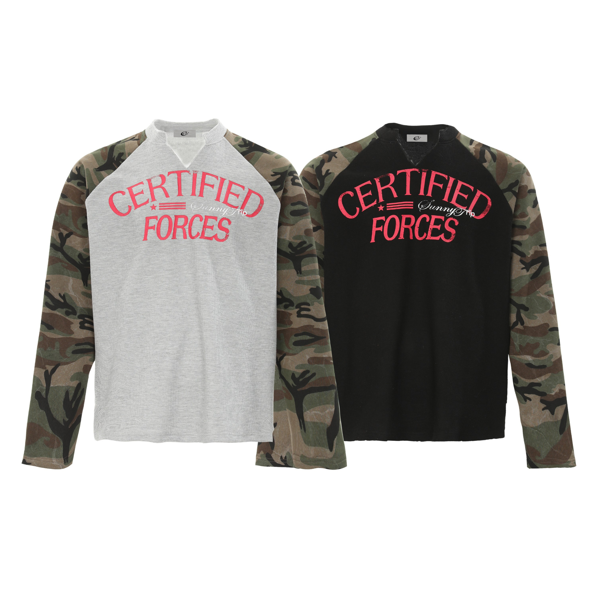 Heather grey long-sleeve thermal tee with red Certified Forces varsity graphic and woodland camo raglan sleeves