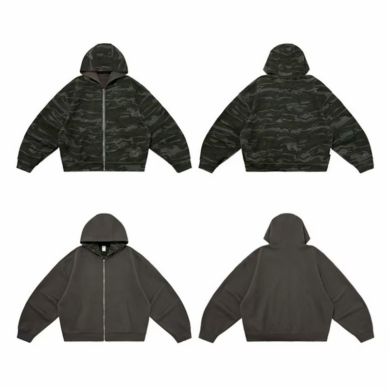 Reversible zip-up hoodie shown front and back, dark camo side with hood