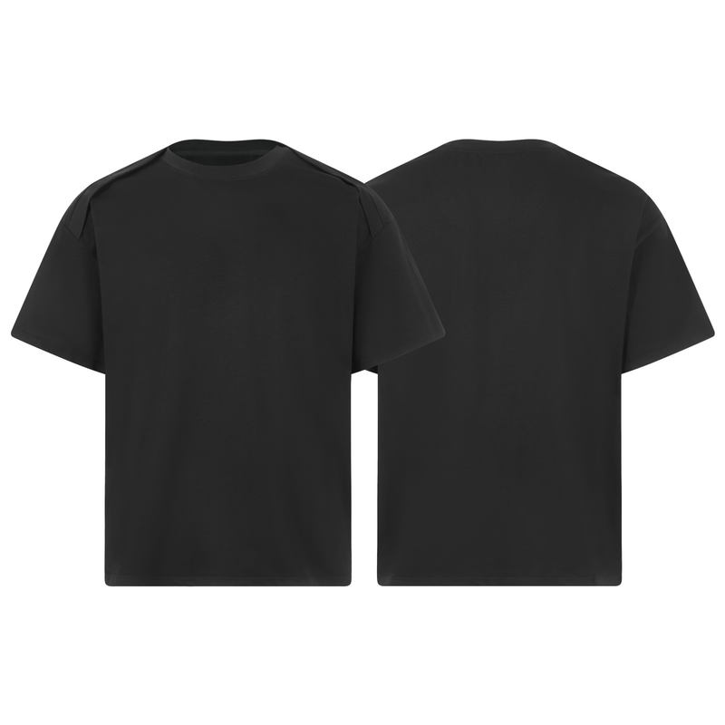 Black structured short-sleeve T-shirt with fold-panel shoulder details shown front and back on a white background
