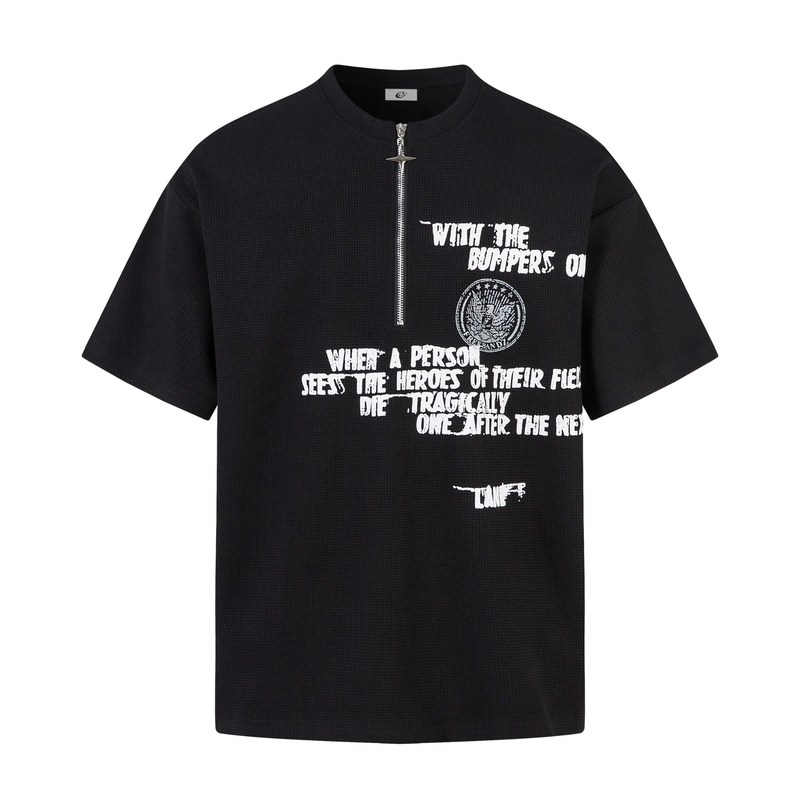 Black half-zip neck graphic T-shirt with white distressed streetwear print and loose short sleeves