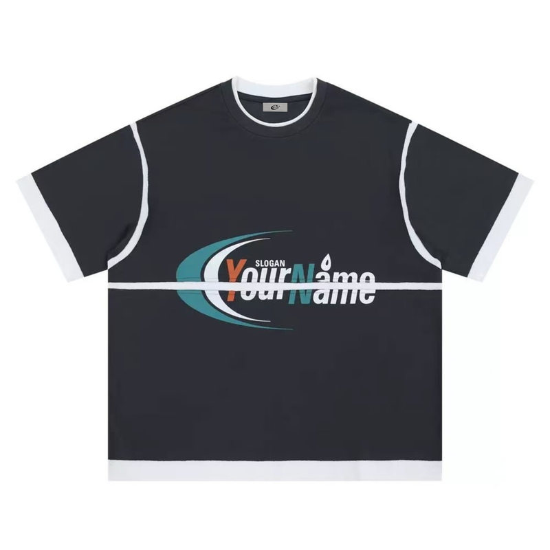 Black oversized retro sport T-shirt with white mesh-style panels and colorful chest graphic print