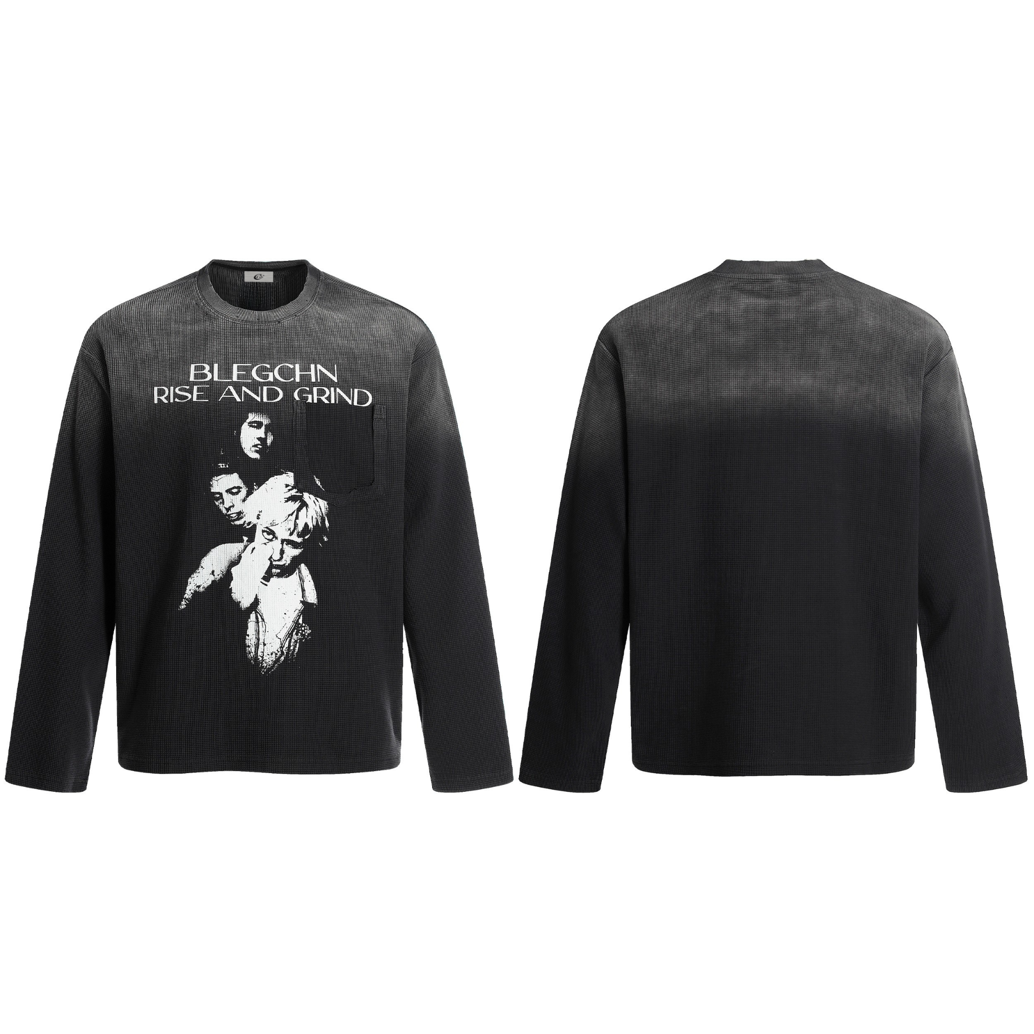 Front and back view of black gradient waffle-knit long sleeve tee with Blegchn Rise and Grind graphic print