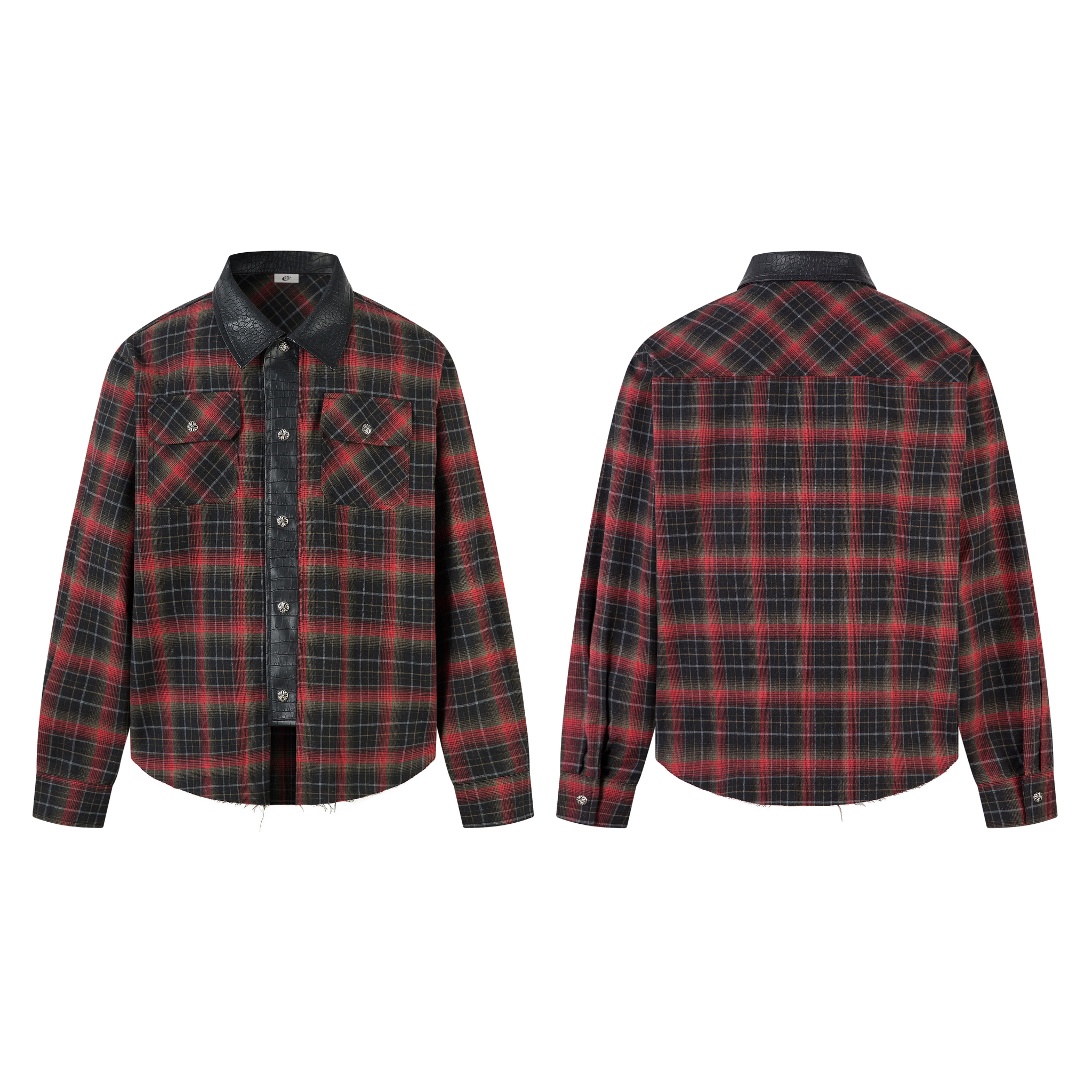Front and back view of a red-black plaid flannel shirt jacket with crocodile-texture faux-leather collar and placket