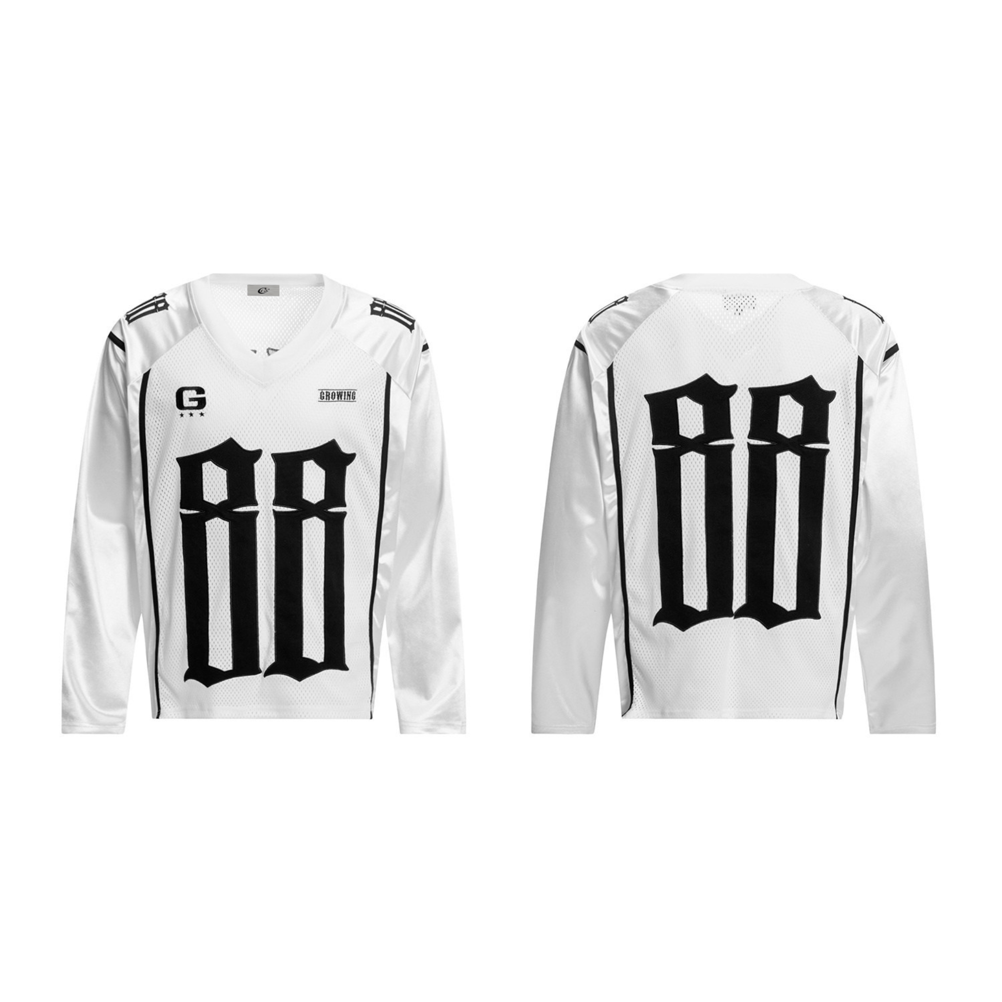 White long-sleeve gothic mesh jersey with oversized black number 88 on front and back, shown from front and rear views