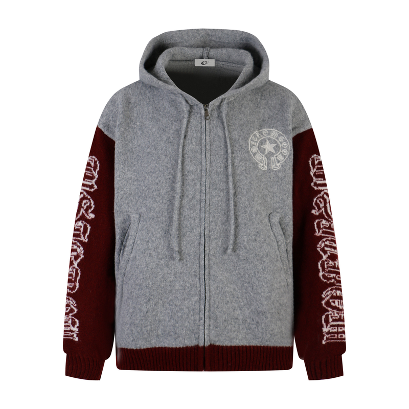 Gray knit zip hoodie with burgundy sleeves, front view, chest star emblem and ribbed hem