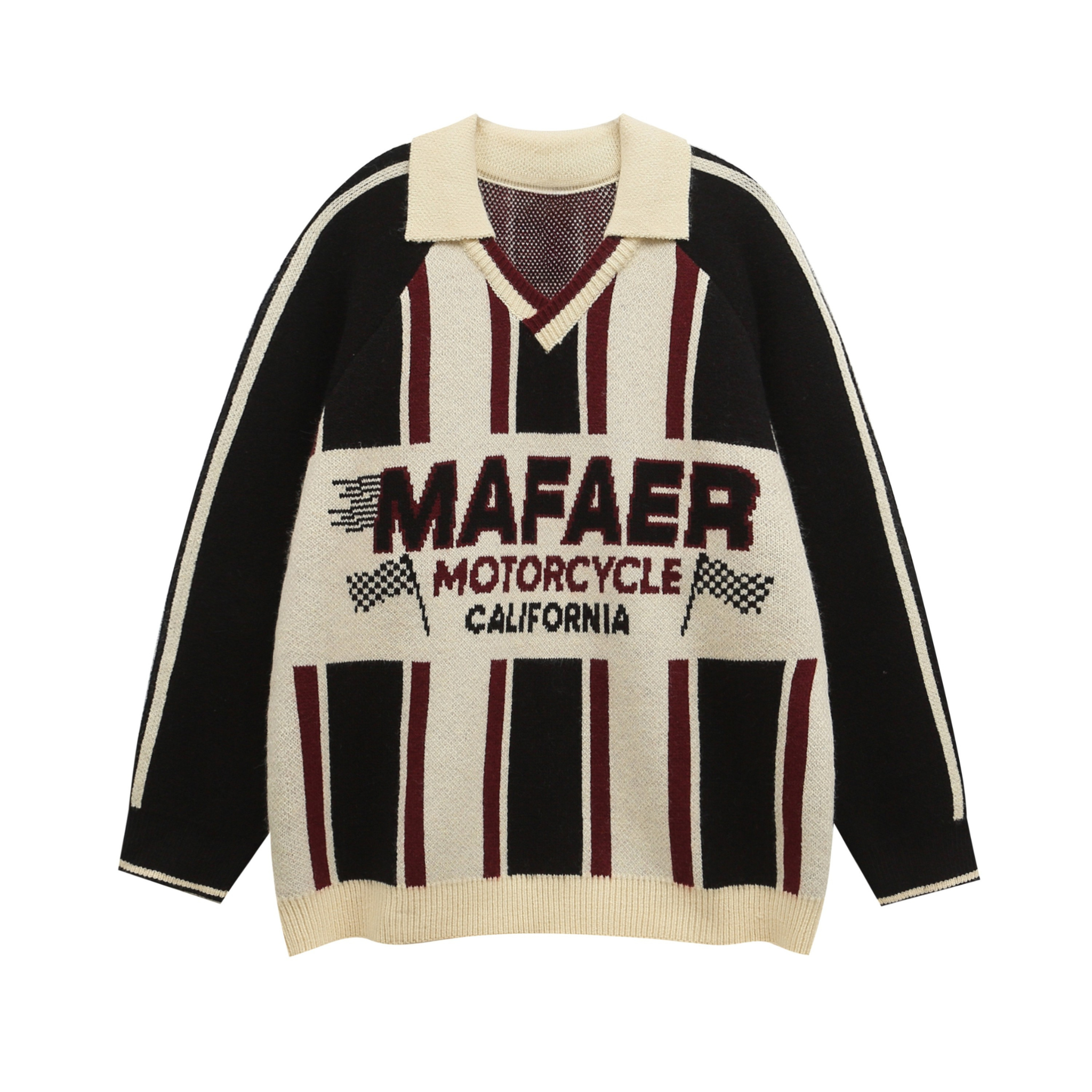 Cream and black vertical stripe knit sweater with Mafaer Motorcycle California racing graphic and polo collar