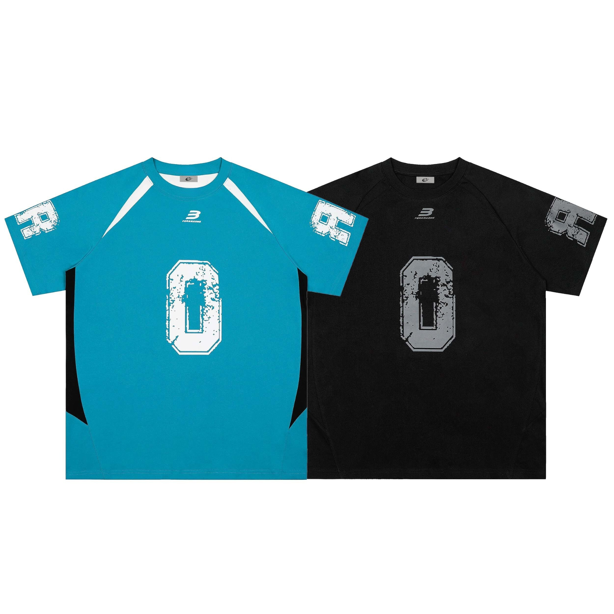 Teal blue and black varsity number patchwork t-shirts with distressed zero graphic on chest and lettering on sleeves
