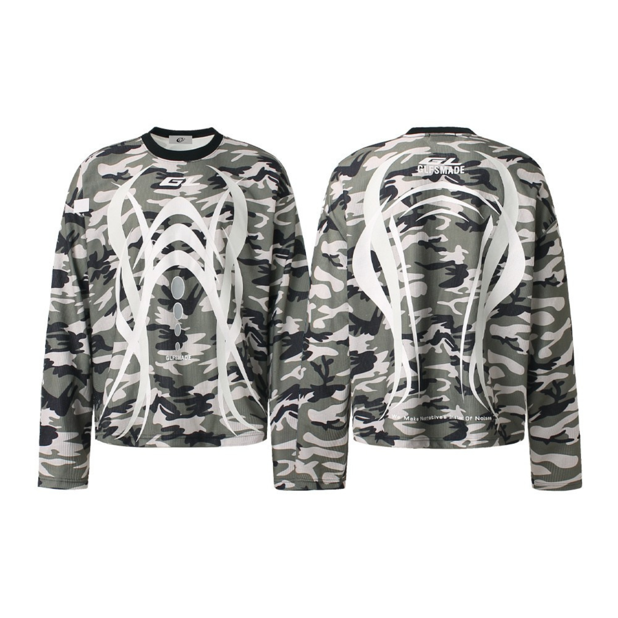 Front and back view of GLFSMADE Omirad camo waffle knit long sleeve with white tech line graphics