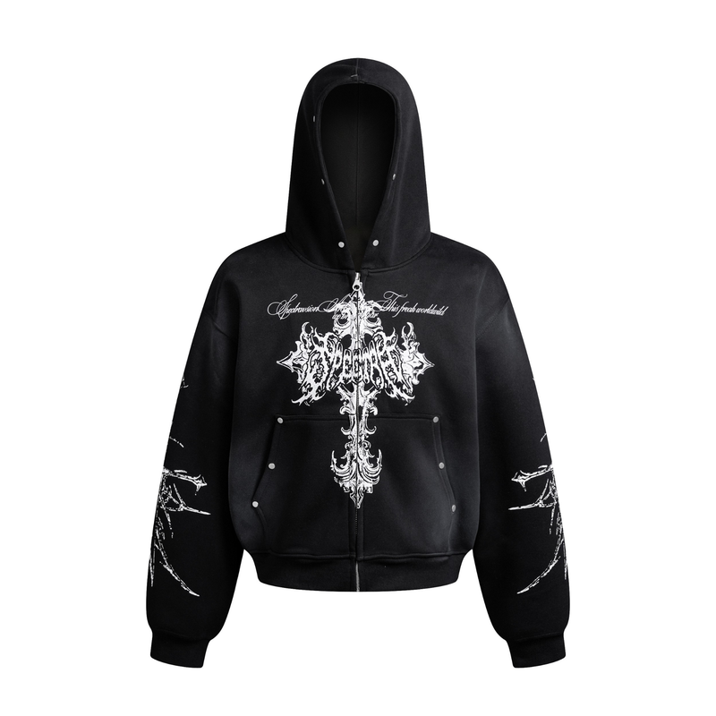 Front view of black zip hoodie with white gothic cross graphic and oversized sleeves