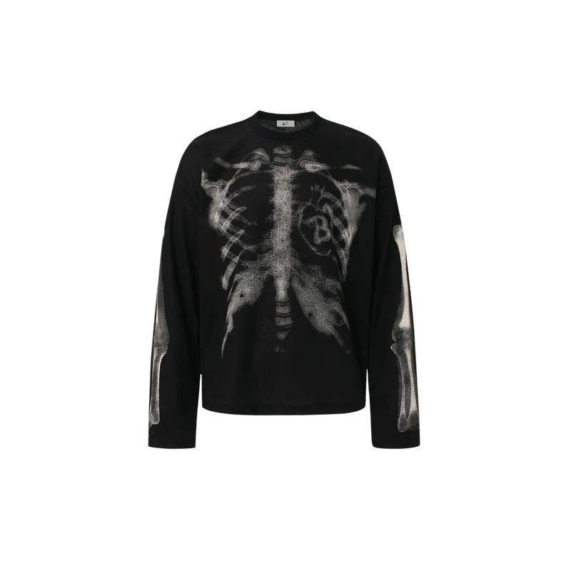Black waffle-knit long sleeve tee with large white skeleton x-ray print on the front