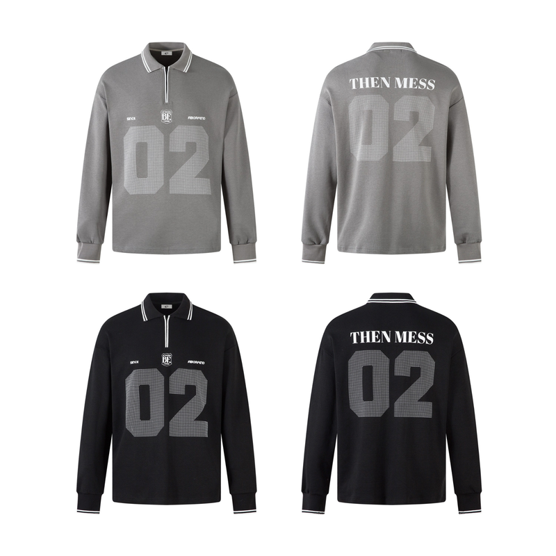 Front and back views of gray long sleeve polo shirt with 02 graphic and text print
