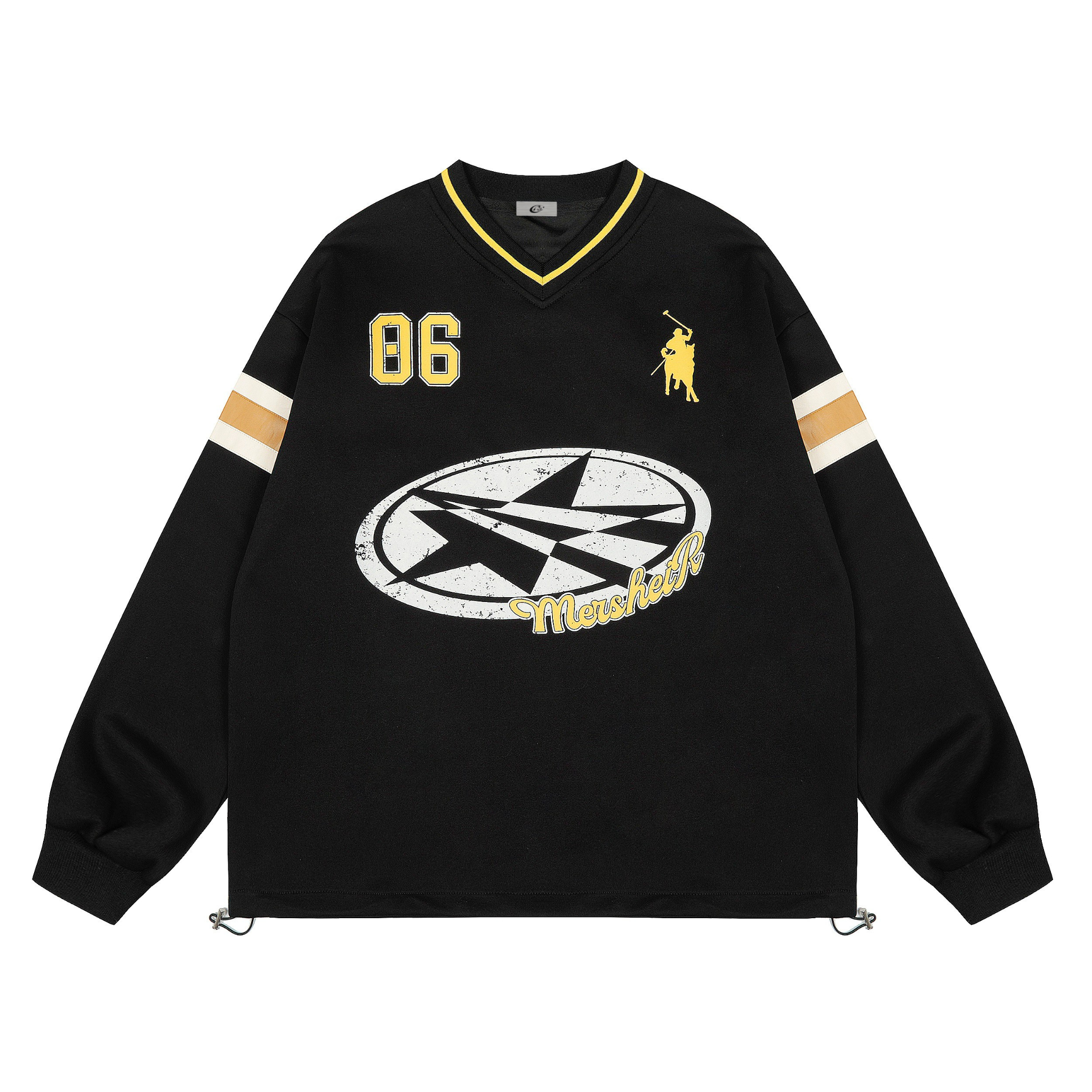 Black oversized varsity sweatshirt with star graphic, polo-rider emblem, number 06 print, and striped sleeves