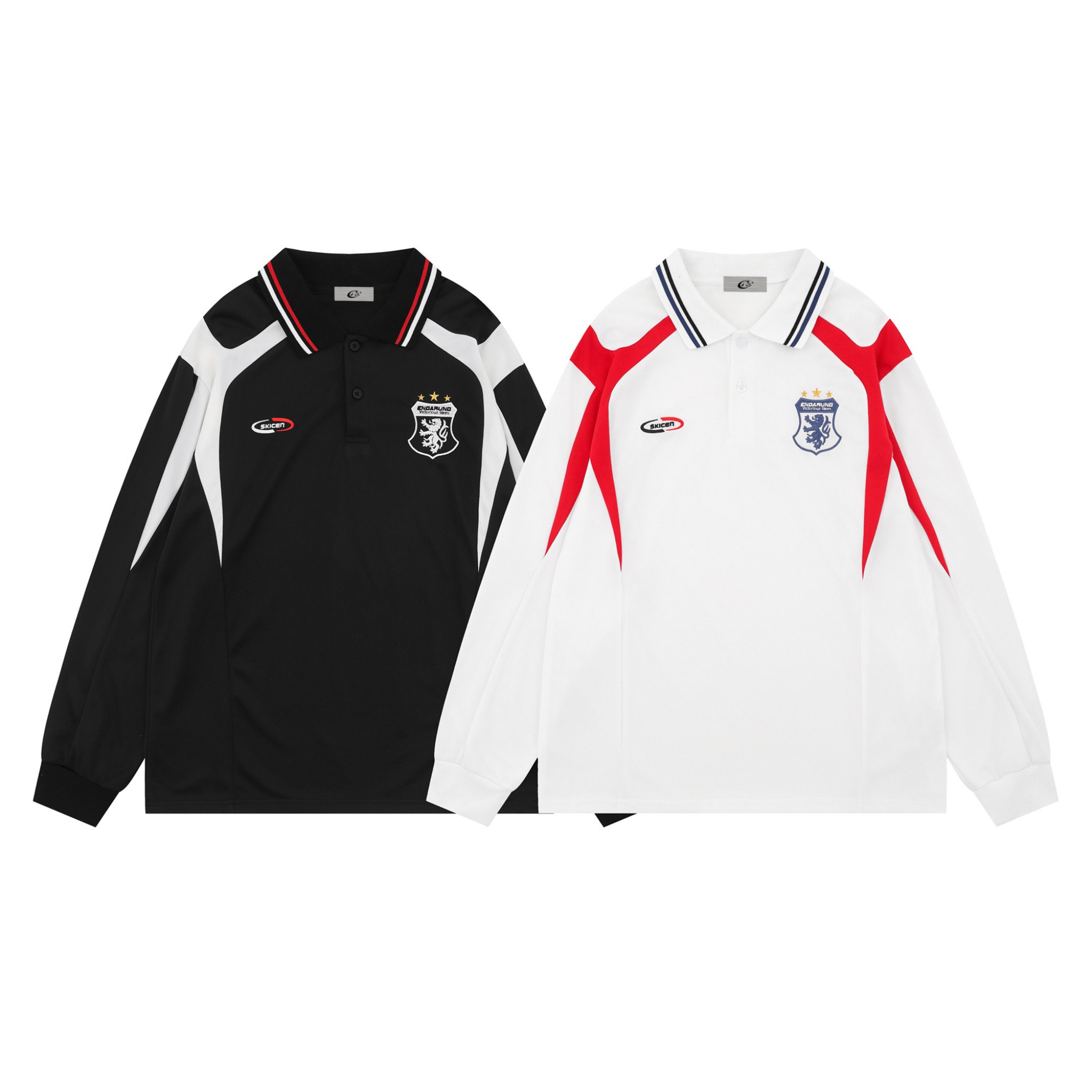 Black and white Omirad long sleeve polo jerseys with contrast shoulder panels and embroidered crest badge