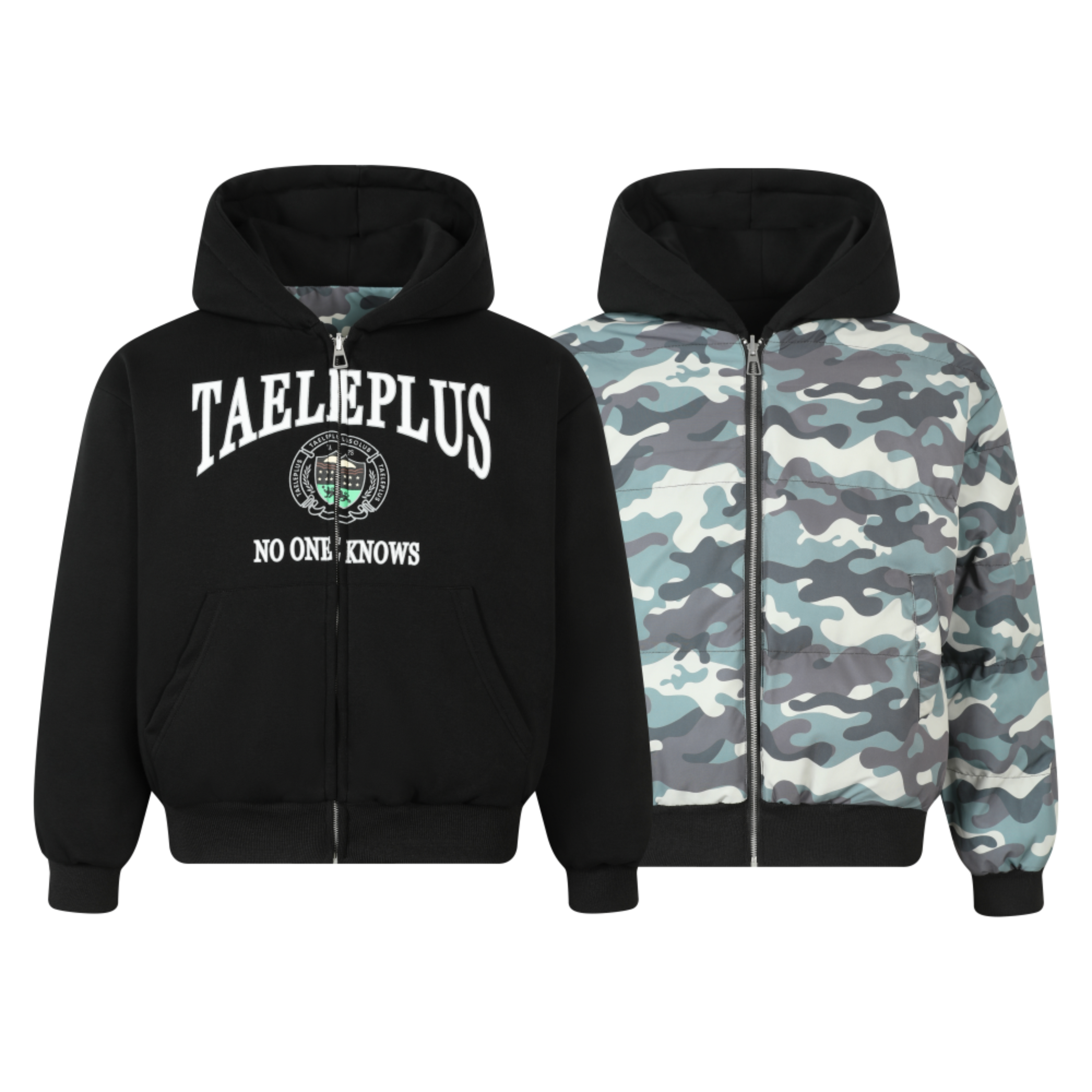 Reversible Camo Varsity Hoodie Jacket | TAELEPLUS Logo