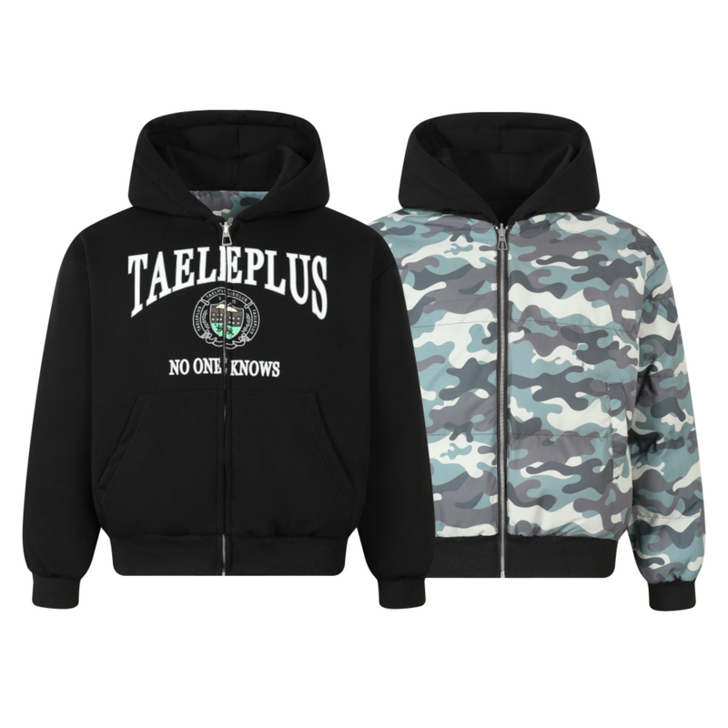 Reversible Camo Varsity Hoodie Jacket | TAELEPLUS Logo