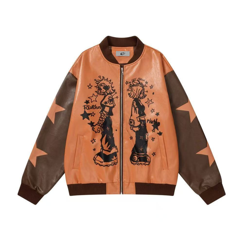Anime Graphic PU Leather Varsity Bomber Jacket | Y2K Streetwear