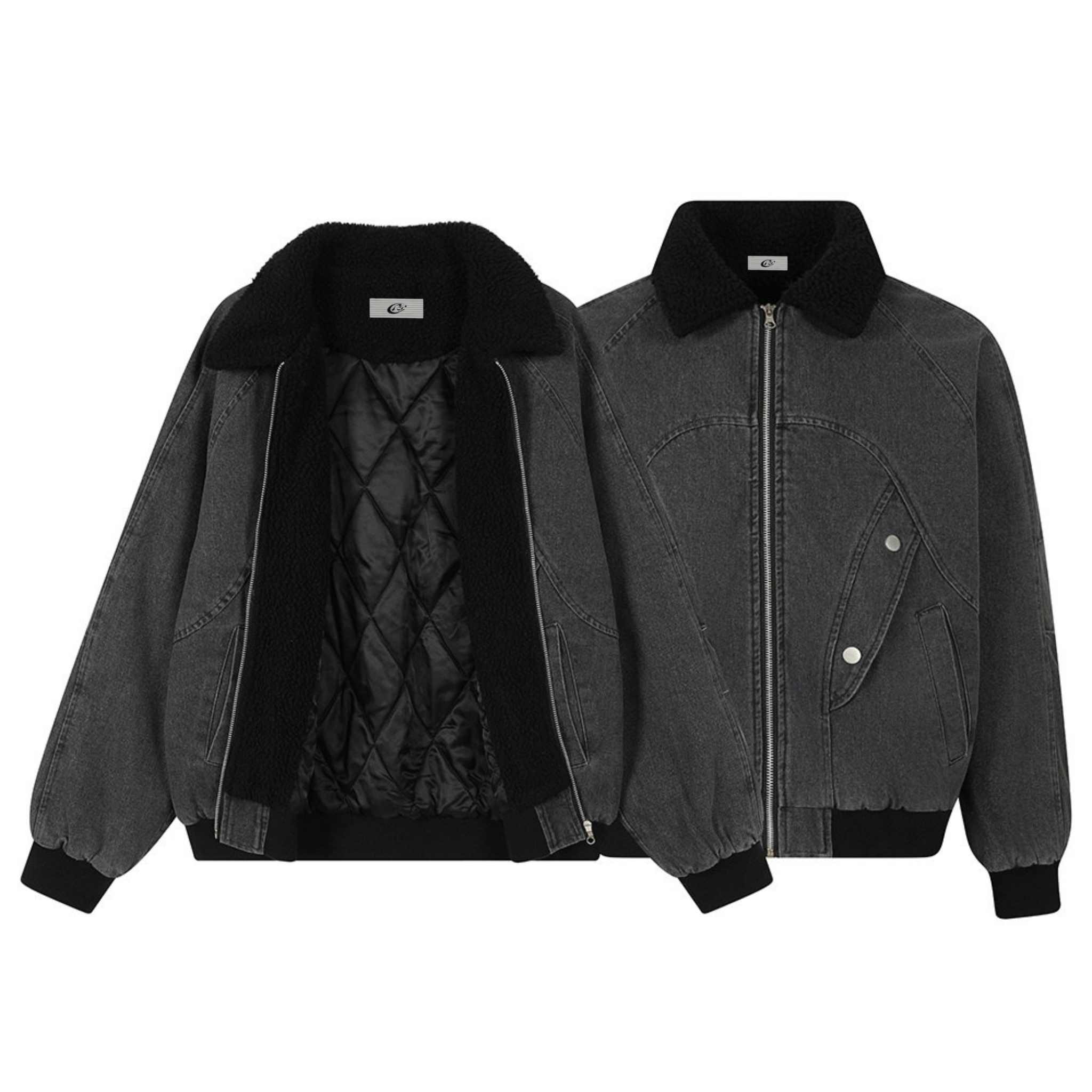 Front and back view of a washed grey quilted denim bomber jacket with black sherpa collar, zip closure, and ribbed cuffs