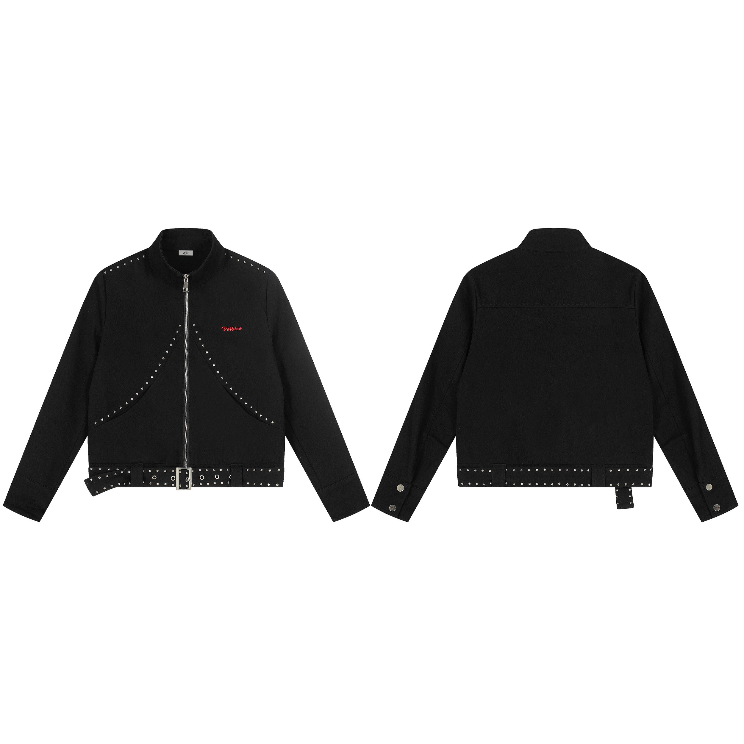 Black cropped rider jacket with silver rivet trim, adjustable studded belt, center zip, and red embroidered logo, shown front