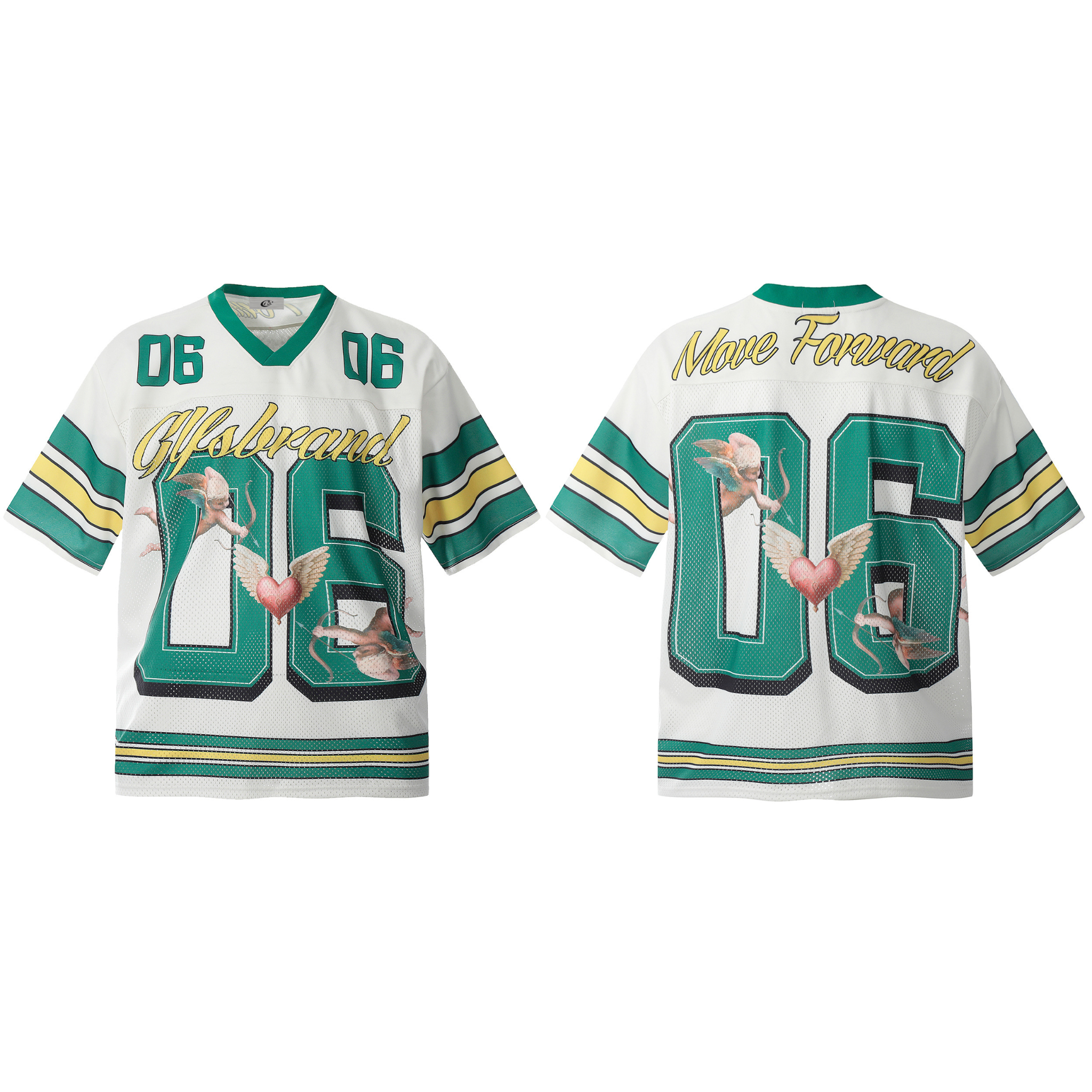 White mesh football jersey with teal varsity 06 number, angel and winged heart graphics, gold script branding, shown front an