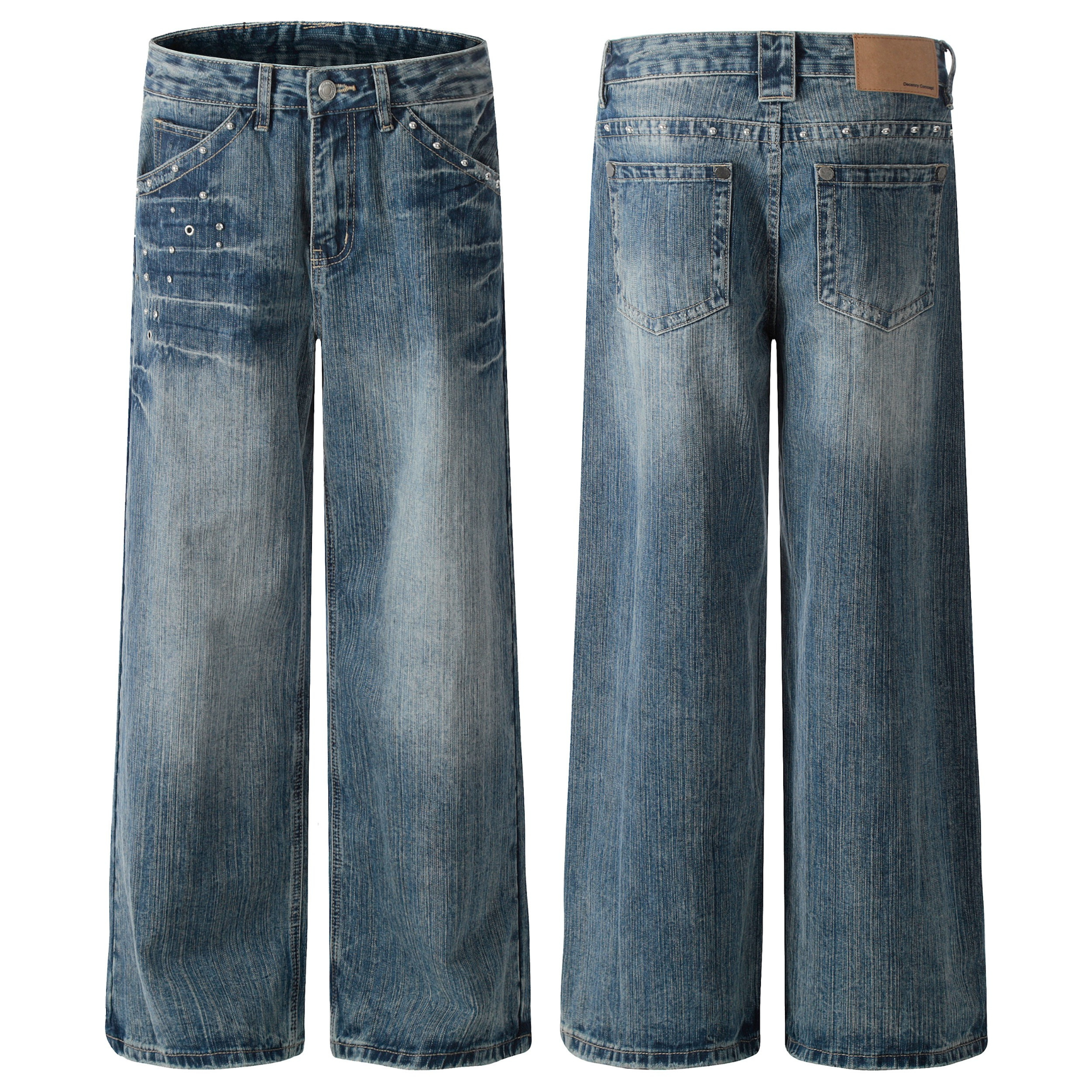 Front and back view of wide-leg vintage wash jeans with metal stud pocket detailing and relaxed fit